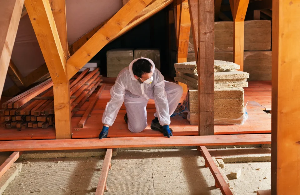 Un ouvrier qui isole les combles d'une maison
